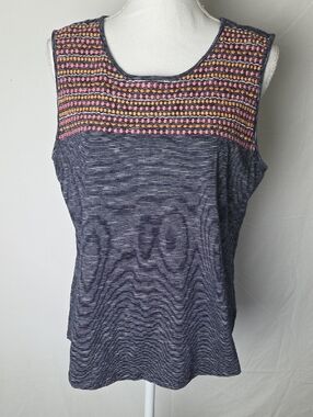 Talbots Sleeveless Navy Stripe Tank with Pink & Orange Embroidered Yoke Large